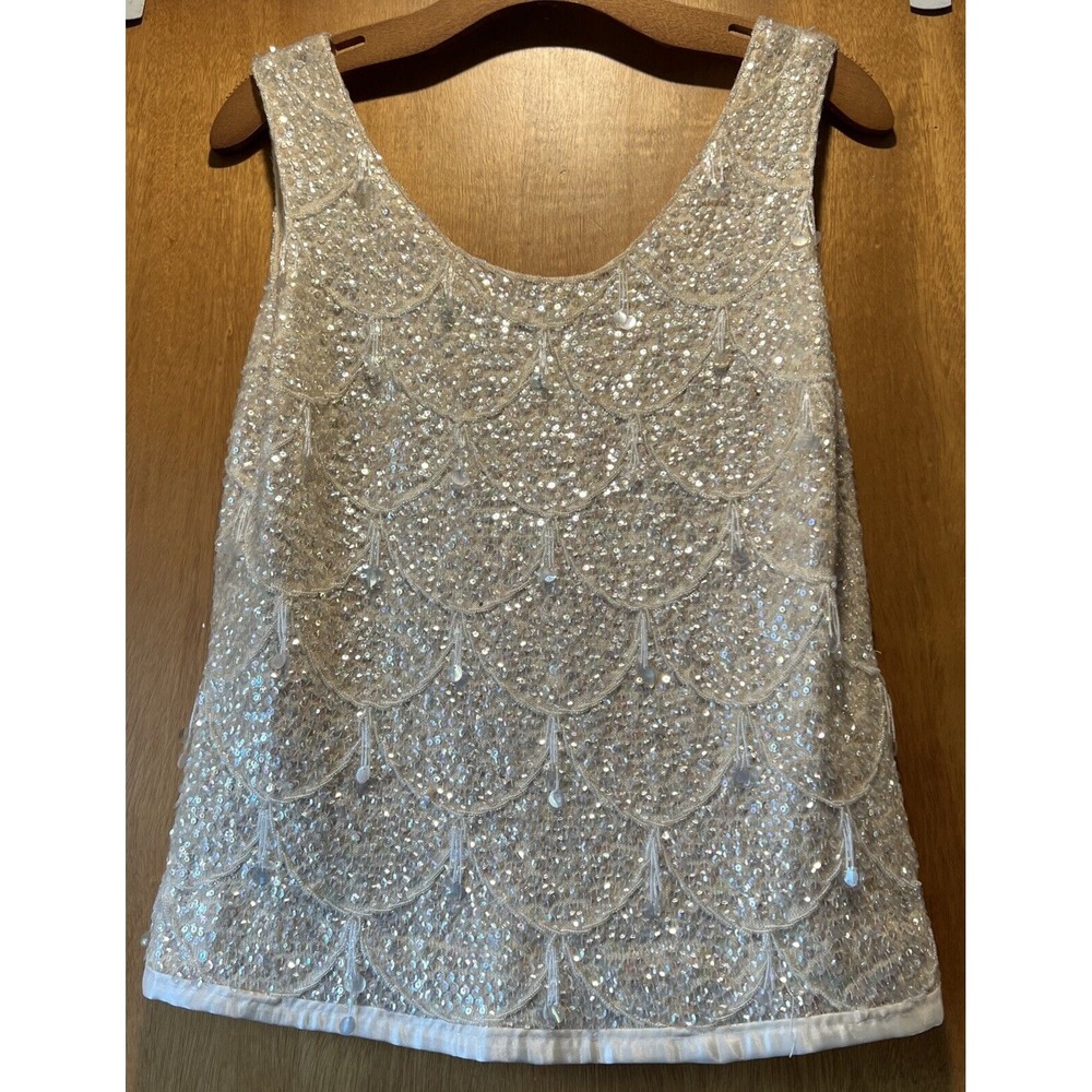 Vintage Sequin Iridescent Ivory Sweater Tank‎ Shimmy Top Medium Hong Kong Wool